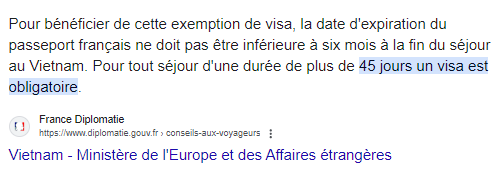 jours d’exemption de visa pour les visiteurs français au Vietnam